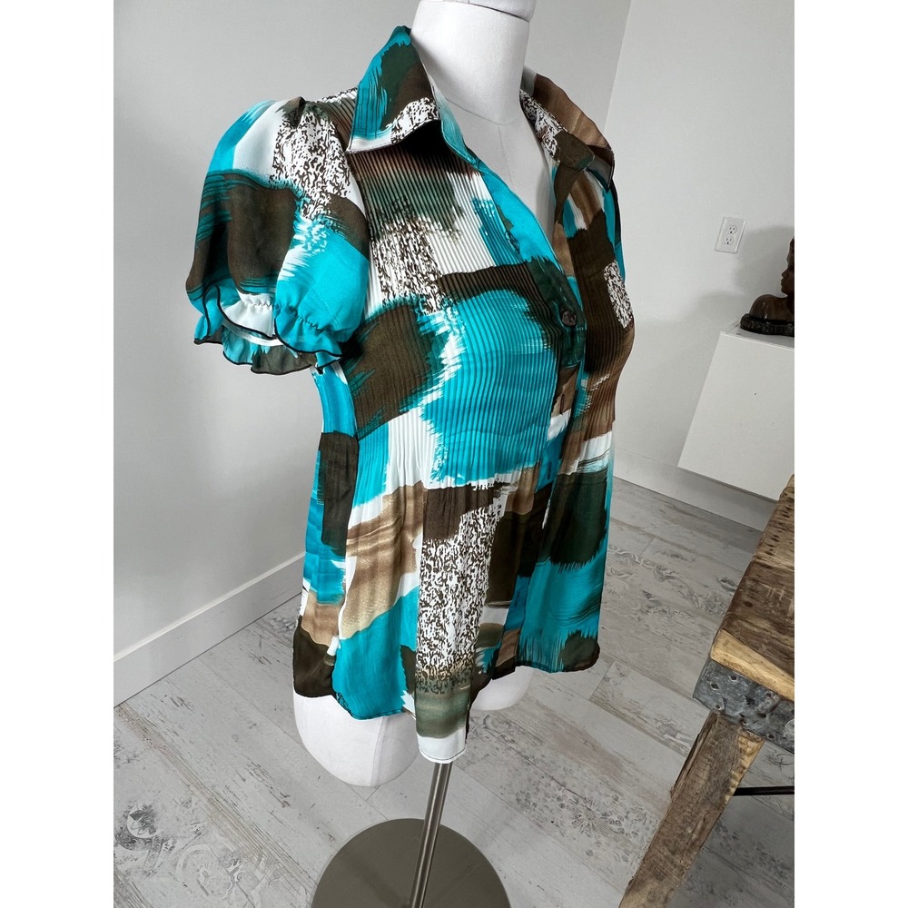 Serenade New York Womens Medium Turquoise Abstract Pleated Button Up Blouse Top